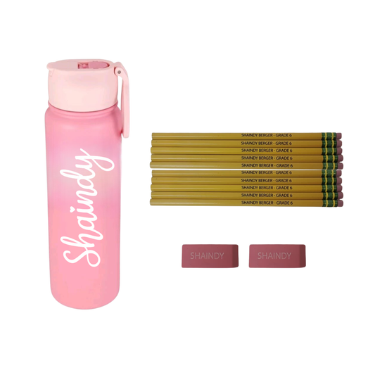 Engraved Name Pencils and Erasers with Water Bottle