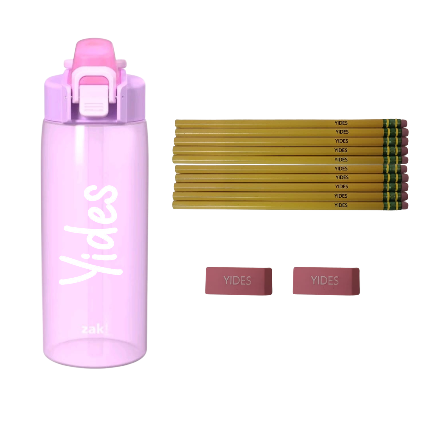 Engraved Name Pencils and Erasers with Water Bottle